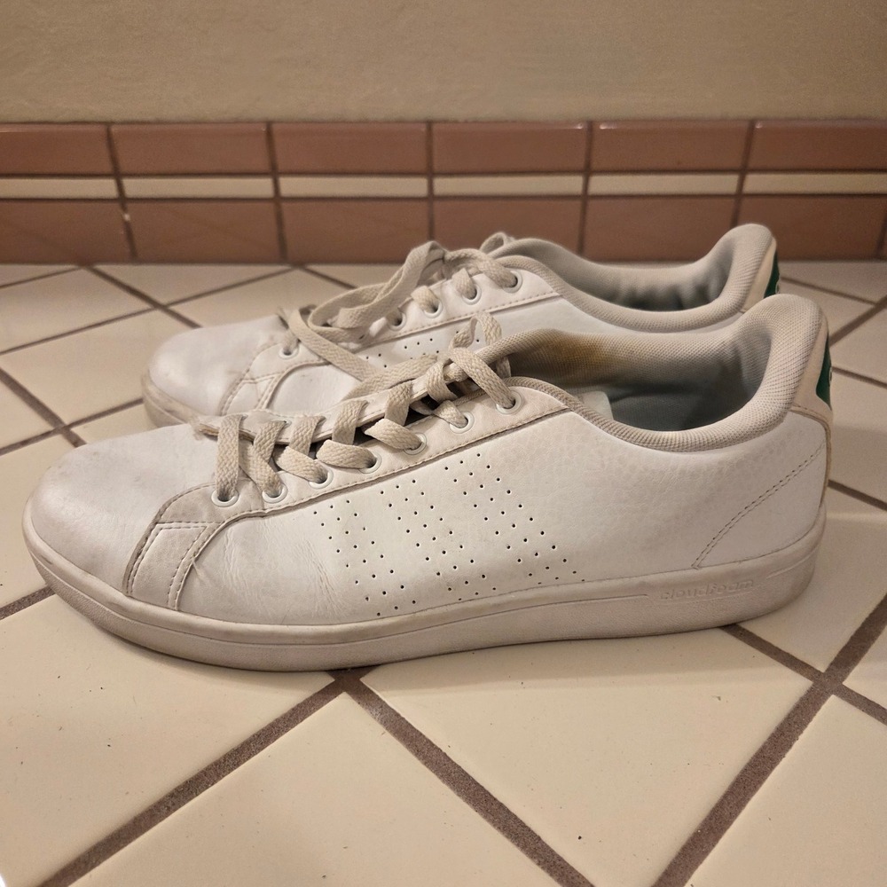 Adidas Advantage Cloudfoam White Green Tennis Shoes Mens 9.5 AW3914